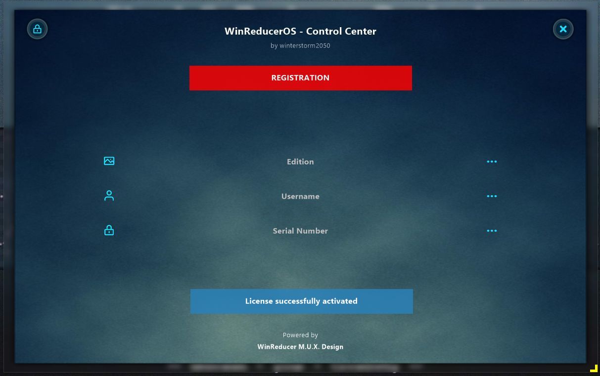 WinReducer Software Interface Activation Page for license successfully activated